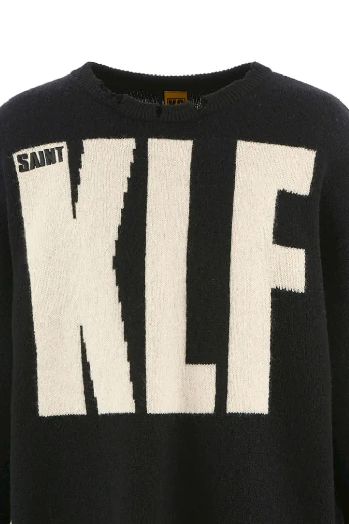 SAINT Mxxxxxx × The KLF KLF_CREW NECK KNIT/BLK KLF joint deconstructed wool sweater, black S-XL, original heel, made of 100% pure wool, natural and warm, wool fabric, dry cleaning or gentle hand washing recommended, completely correct version, customized KLF joint main mark/wash mark, imported special machine embroidery, full three-dimensional, pure hand destruction, deconstructed and shredded